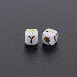 Letter Y Opaque White Acrylic Beads, Metal Enlaced, Cube with Letters, Letter.Y, 4.5mm, Hole: 2mm, about 5000pcs/500g