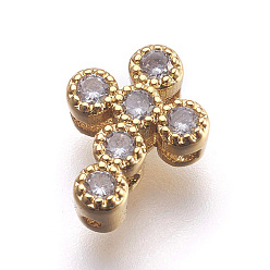 Golden Brass Micro Pave Cubic Zirconia Beads, Lead Free & Cadmium Free, Cross, Clear, Golden, 11x8.5x3.5mm, Hole: 0.8mm