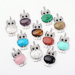 Mixed Stone Natural & Synthetic Mixed Stone Pendants, Owl, with Brass Findings, Platinum, Lead Free & Nickel Free, 45x25x8mm, Hole: 4x6mm