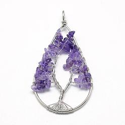 Amethyst Natural Chip Amethyst Big Pendants, with Brass Wires, Teardrop & Tree, Platinum, 78~81x40~43x5~10mm, Hole: 4.5mm