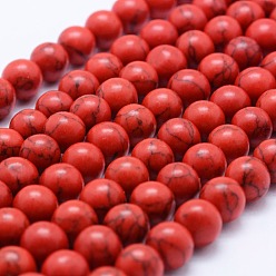 Rouge Perles synthétiques turquoise brins, ronde, rouge, 6~6.5mm, Trou: 1mm, Environ 64 pcs/chapelet, 15.3 pouce (39 cm)