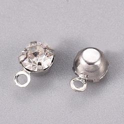 Platinum Brass Rhinestone Pendants, Nickel Free, Flat Round, Platinum, 6.5x4.3mm, Hole: 0.8mm