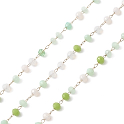 Vert mer Foncé Main chaînes de perles de verre, facette, non soudée, avec 304 inoxydable chaînes en acier, or, ronde, vert de mer foncé, 3x2.5mm
