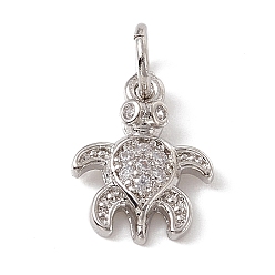 Platinum Brass Micro Pave Cubic Zirconia Charms, with Jump Ring, Tortoise Charm, Platinum, 12.5x10x2.5mm, Hole: 3mm