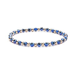 Blue Resin Evil Eye Round Beaded Stretch Bracelet with Brass Beads for Women, Blue, Inner Diameter: 2-3/8 inch(6.1cm)