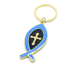 Dodger Blue Israel Jesus Fish Shaped Keychain, Religious Cross Alloy Enamel Pendant Keychain, Golden, Dodger Blue, 8.5cm