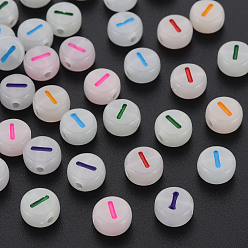 Letter I Acrylic Beads, Glow in the Dark, with Enamel and Luminous, Horizontal Hole, Flat Round with Alphabet, Letter.I, 6.5x7x4mm, Hole: 1.6mm, about 3600pcs/500g