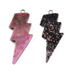 Rhodonite Natural Rhodonite Pendants, Lightning Bolt Charm, with Stainless Steel Color Tone 304 Stainless Steel Loops, 40~44.5x17~20x4.5~6mm, Hole: 2mm