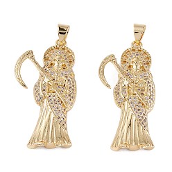 Real 18K Gold Plated Brass Micro Pave Clear Cubic Zirconia Pendants, Long-Lasting Plated, Death, Real 18K Gold Plated, 37x17.5x4.5mm, Hole: 4.5x3.5mm