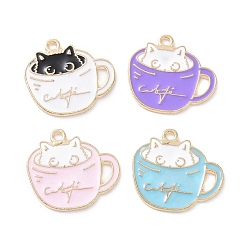 Mixed Color Alloy Enamel Pendants, Light Gold, Cup with Cat Charm, Mixed Color, 18.5x20x1mm, Hole: 1.5mm