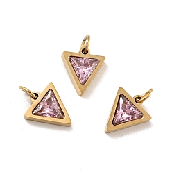 Plum Vacuum Plating 304 Stainless Steel Pendants, with Cubic Zirconia and Jump Rings, Single Stone Charms, Triangle, Golden, Plum, 11x9.5x3mm, Hole: 3.6mm