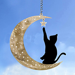 Black Acrylic Moon and Angel Cat Pendant Decoration, with Chain, for Home Wall Window Decoration Accessories, Black, 160mm