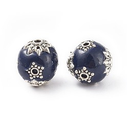 Midnight Blue Handmade Indonesia Beads, with Polymer Clay, Alloy Bead Caps and Alloy Findings, Oval, Antique Silver, Midnight Blue, 13~15x13~14mm, Hole: 2mm