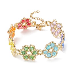 Colorful TOHO Japanese Seed Beaded Flower Link Chain Bracelet, Colorful, 6-5/8 inch(16.9cm)