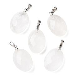 Quartz Crystal Natural Quartz Crystal Pendants, Rock Crystal Pendants, Faceted Oval Charms with Platinum Plated Brass Snap on Bails, 21.8x13.4~13.5x6.2mm, Hole: 5.3x3.7mm