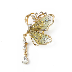 Verge D'or Pâle Broche papillon en résine avec strass en cristal, insigne en alliage d'or clair pour femme, verge d'or pale, 68.5x38.5x13mm, pin: 0.8 mm