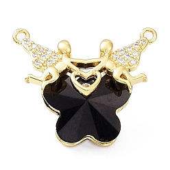 Black Glass Pendants, Butterfly Charms, with Real 18K Gold Plated Rack Plating Brass Micro Pave Clear Cubic Zirconia Angel, Long-Lasting Plated, Cadmium Free & Lead Free, Black, 23.5x29x12mm, Hole: 1.6mm