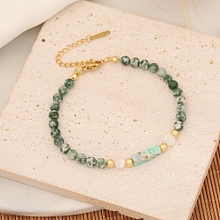 Pierre Avec Point Vert Bracelet de perles rectangulaires en jaspe vert naturel pour femme, 7-1/8 pouce (18 cm)