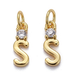 Letter S Brass Micro Pave Clear Cubic Zirconia Pendants, with Jump Rings, Real 18K Gold Plated, Long-Lasting Plated, Letter, Letter.S, 10x3x2.5mm