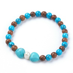 Synthetic Turquoise Synthetic Turquoise(Dyed) Stretch Bracelets, with Grade B Pearl Beads and Wood Beads, 2 inch(5.2cm)~2-1/8 inch(5.4cm)