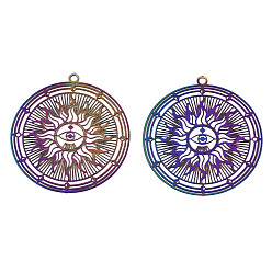 Rainbow Color Ion Plating(IP) 201 Stainless Steel Filigree Pendants, Etched Metal Embellishments, Flat Round with Sun, Rainbow Color, 32.5x30x0.3mm, Hole: 1.6mm