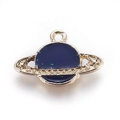 Midnight Blue Zinc Alloy Pendants, with Enamel, Planet, Universe Space Charms, Light Gold, Midnight Blue, 15x23x2mm, Hole: 1.5mm