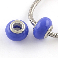 Bleu Royal Résine rondelle grand trou perles européennes, avec des noyaux de laiton de ton argent, bleu royal, 13~14x9mm, Trou: 5mm