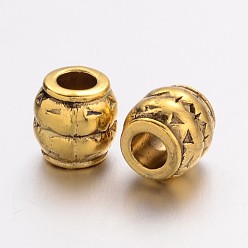 Or Antique Perles de baril en alliage de style tibétain à gros trous, Or antique, sans plomb et sans cadmium, 8x8 mm, Trou: 3.5mm