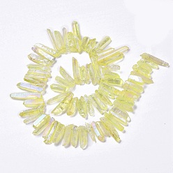 Pale Goldenrod Electroplated Natural Crackle Quartz Crystal Dyed Beads Strands, AB Color, Chip, Pale Goldenrod, 13~38x3~7x4~7mm, Hole: 1mm, about 67~70pcs/strand, 14.76~15.16''(37.5~38.5cm)