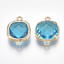 Blue Transparent Glass Links connectors, with Brass Findings, Nickel Free, Real 18K Gold Plated, Faceted Square, Blue, 18x13x6mm, Hole: 1mm