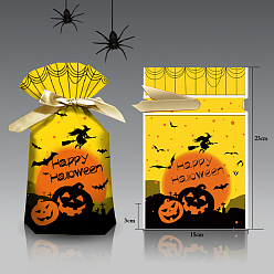 Or 50 pcs sacs de bonbons en plastique d'halloween, sacs à cordonnet, sac cadeau cotillons, rectangle avec motif citrouille, or, 23x15 cm
