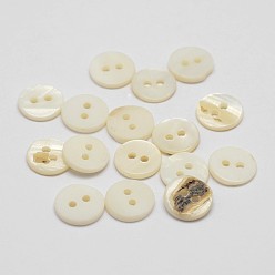Seashell Color 2-Hole Shell Flat Round Buttons, Seashell Color, 10x2mm, Hole: 1.5mm