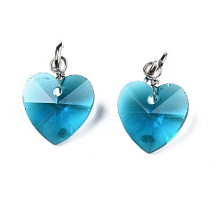 Dark Cyan Faceted Transparent Glass Charms, with Iron Jump Ring, Heart, Dark Cyan, 13~14x10x5~6mm, Hole: 4mm