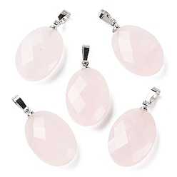 Rose Quartz Natural Rose Quartz Pendants, Faceted Oval Charms with Platinum Plated Brass Snap on Bails, 21.8x13.4~13.5x6.2mm, Hole: 5.3x3.7mm