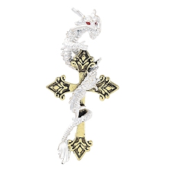 Antique Golden Dragon with Cross Rhinestone Brooch Pins, Alloy Badge for Unisex, Antique Golden, 83x39x17mm