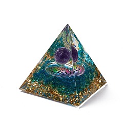 Amethyst Orgonite Pyramid Resin Display Decorations, with Gold Foil and Natural Amethyst Inside, for Home Office Desk, 50x50x51.5mm