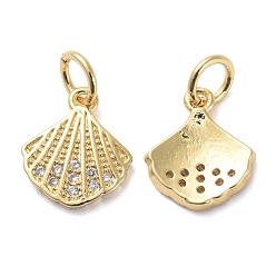 Golden Brass Micro Pave Clear Cubic Zirconia Charms, with Jump Rings, Shell Shape, Golden, 11.5x10x2mm, Hole: 3mm