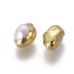 Golden Natural Cultured Freshwater Pearl Beads, with Brass Findings, Nuggets, White, Golden, 14~22.5x10~14mm, Hole: 0.8mm