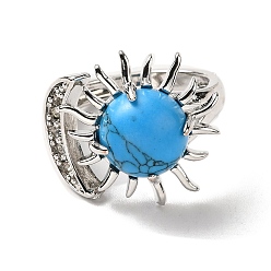 Synthetic Turquoise Synthetic Turquoise Sun & Moon Open Cuff Rings, Platinum Brass Jewelry for Women, Lead Free & Cadmium Free, Inner Diameter: 17~18mm