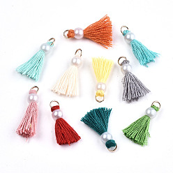 Mixed Color Polycotton(Polyester Cotton) Tassel Pendant Decorations, Mini Tassel, with Golden Tone Iron Findings and ABS Plastic Imitation Pearl, Mixed Color, 23mm, Jump ring: 5x0.8mm, 3.4mm inner diameter