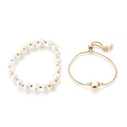 Pearl Pearl Bracelets Sets, Slider Bracelets and Stretch Bracelets, with Brass Findings, Round, 2-1/8 inch(5.4cm), 8.6 inch(22cm), 2pcs/set