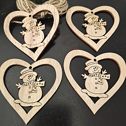 BurlyWood Unfinished Wood Pendant Decorations, Kids Painting Supplies,, Wall Decorations, Christmas Themed, with Jute Rope, Heart with Snowman, BurlyWood, 70mm, 10pcs/bag