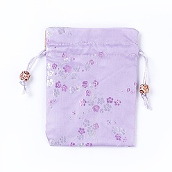 Lilac Silk Packing Pouches, Drawstring Bags, with Wood Beads, Lilac, 14.7~15x10.9~11.9cm
