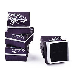 Фиолетовый Печатные картон комплект ювелирных изделий коробки, с черной губкой внутри, площадь с цветочным узором, фиолетовые, 5.2x5.2x3.6 см