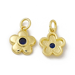 Blue Violet Rack Plating Brass Cubic Zirconia Charms, with Jump Ring, Real 18K Gold Plated, Long-Lasting Plated, Cadmium Free & Nickel Free & Lead Free, 5-Petal Flower Charm, Blue Violet, 12x10.5x2.5mm, Jump Ring: 5x0.9mm, Inner Diameter: 3.2mm