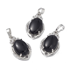 Obsidian Natural Black Obsidian Pendants, Teardrop Charms, with Platinum Tone Brass Crystal Rhinestone Findings, 30.5x18x9.5mm, Hole: 4.8x7.5mm
