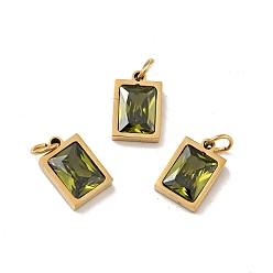 Olive Drab Vacuum Plating 304 Stainless Steel Pendants, with Cubic Zirconia and Jump Rings, Single Stone Charms, Rectangle, Golden, Olive Drab, 11.5x8x3.5mm, Hole: 3.6mm