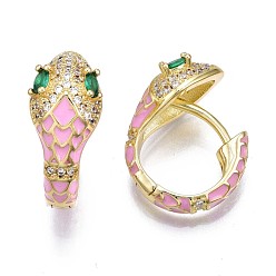 Perlas de Color Rosa Arete de aro huggie con serpiente de zirconia cúbica verde, Pendientes de aro gruesos de esmalte de latón chapado en oro real 18k para mujer, sin níquel, rosa perla, 20x18.5x10 mm, pin: 1.5 mm