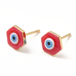 Rouge Hexagone en émail avec clous d'oreilles mauvais œil, bijoux en laiton plaqué or véritable 18k pour femmes, rouge, 8x9mm, pin: 0.8 mm