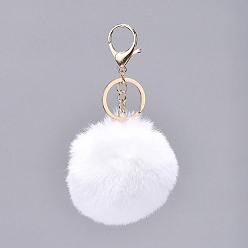 White Pom Pom Ball Keychain, with Alloy Lobster Claw Clasps and Iron Key Ring, for Bag Decoration,  Keychain Gift and Phone Backpack , Light Gold, White, 138mm